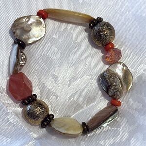 Shell & Bead Stretch Bracelet - Pink, Coral, Gold